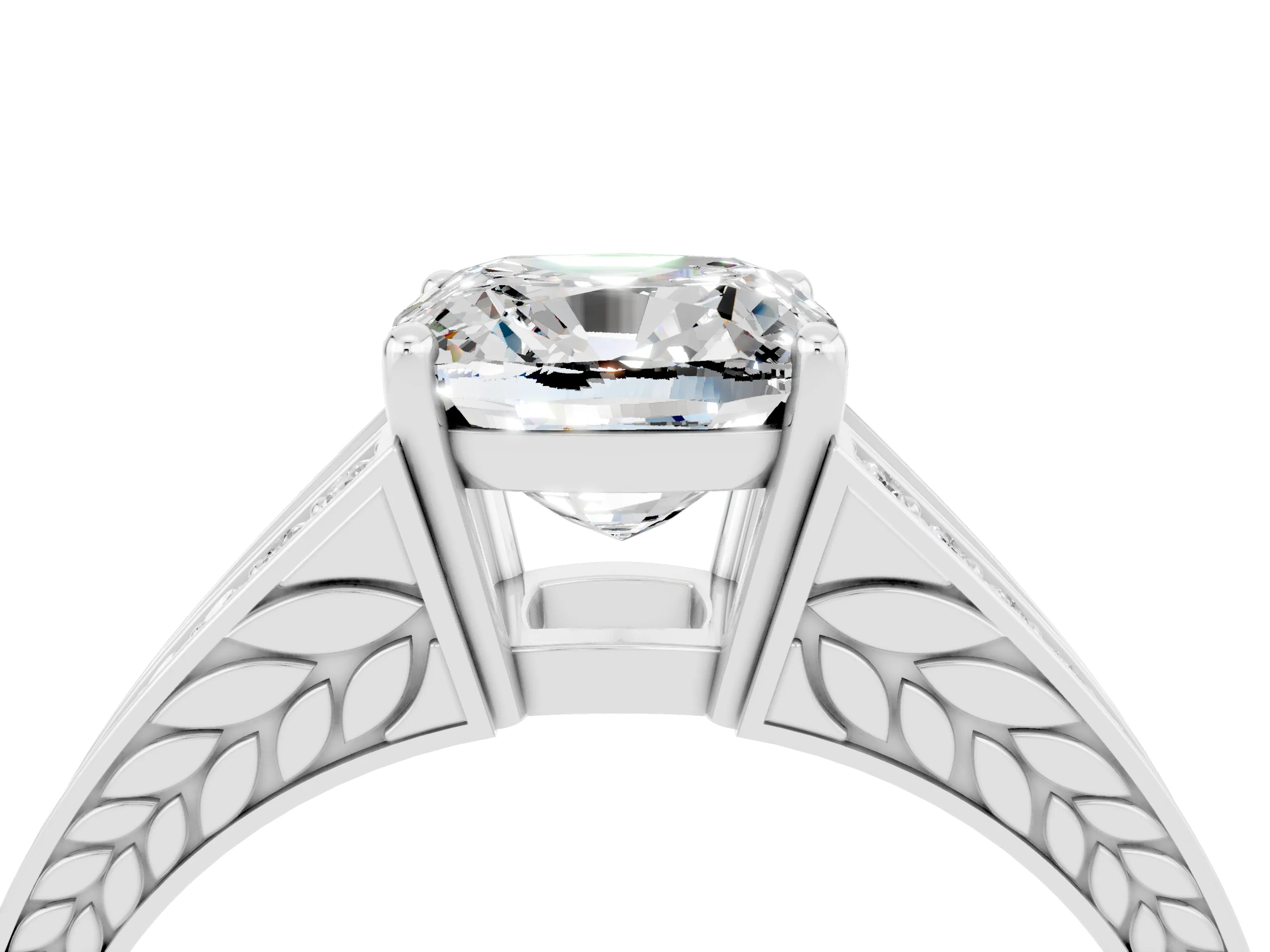 White gold Cushion Cut Moissanite Split Shank Ring with Pavé Band and Four-Prong Setting_4