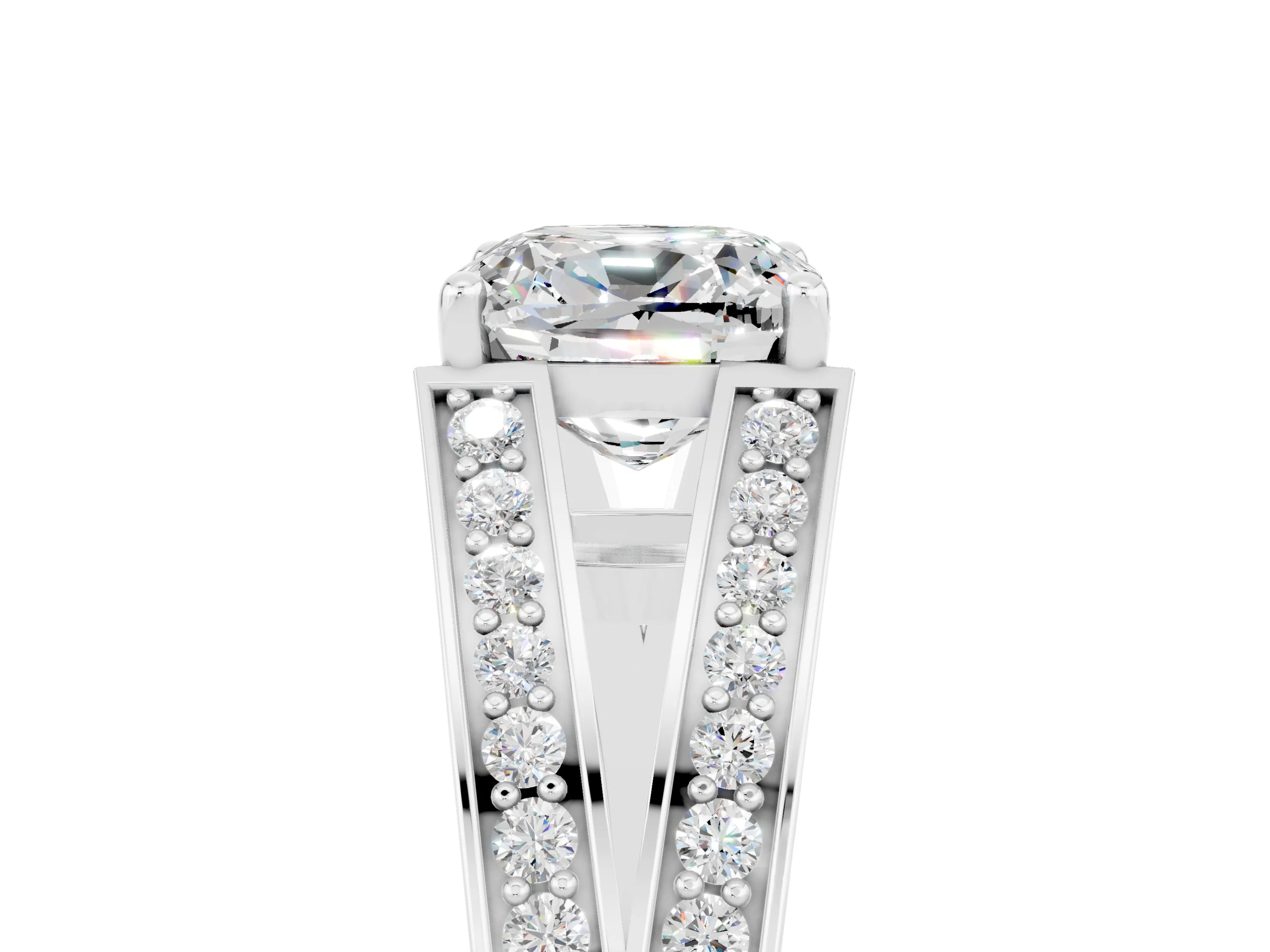 White gold Cushion Cut Moissanite Split Shank Ring with Pavé Band and Four-Prong Setting_5
