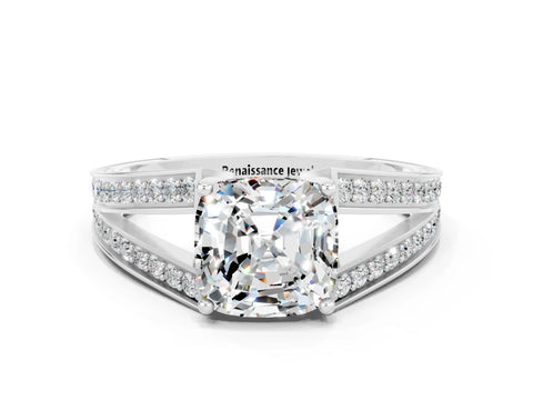 White gold Cushion Cut Moissanite Split Shank Ring with Pavé Band and Four-Prong Setting