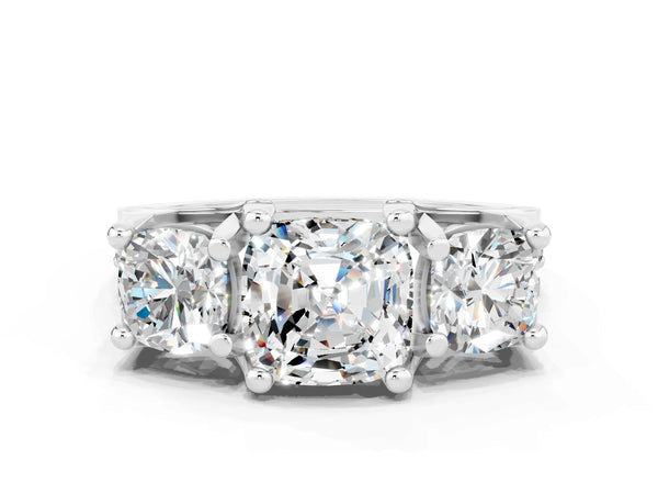Platinum Cushion Cut Moissanite Three-Stone Ring with Channel Set Band and Four-Prong Setting