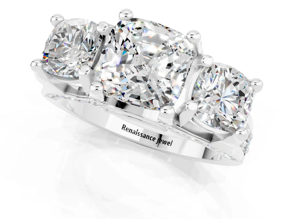 White gold Cushion Cut Moissanite Three-Stone Ring with Channel Set Band and Four-Prong Setting