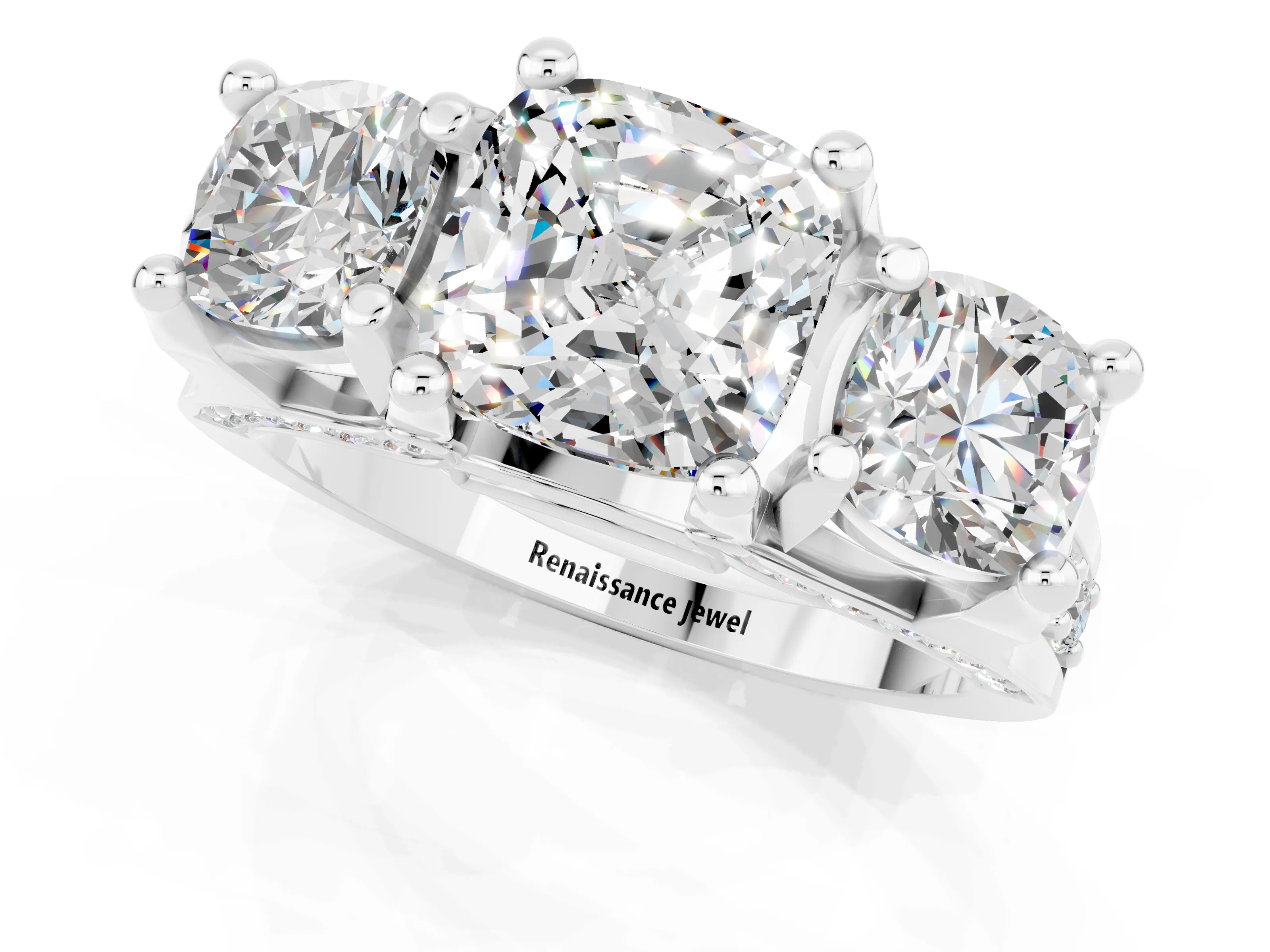 White gold Cushion Cut Moissanite Three-Stone Ring with Channel Set Band and Four-Prong Setting_1
