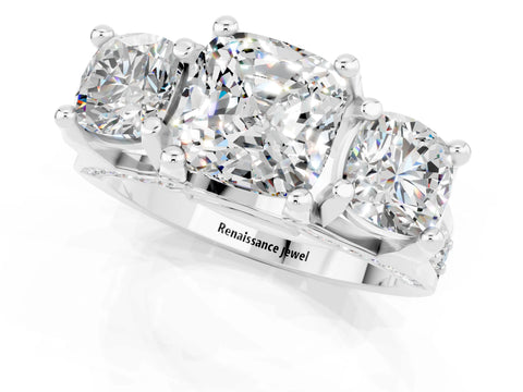 White gold Cushion Cut Moissanite Three-Stone Ring with Channel Set Band and Four-Prong Setting_1