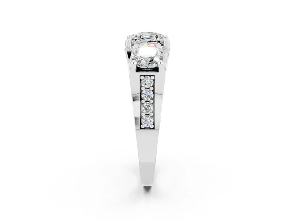 Platinum Cushion Cut Moissanite Three-Stone Ring with Channel Set Band and Four-Prong Setting