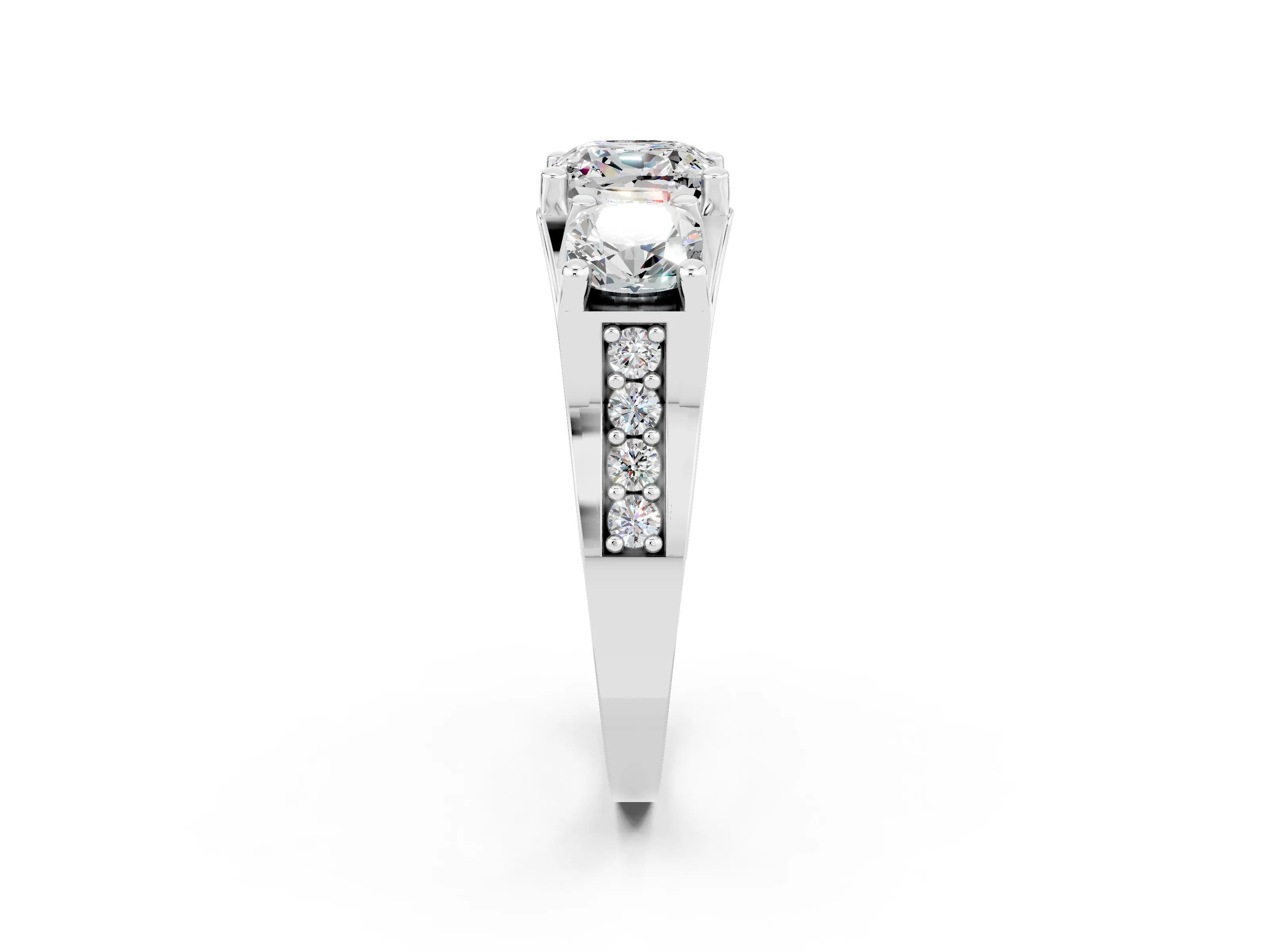 White gold Cushion Cut Moissanite Three-Stone Ring with Channel Set Band and Four-Prong Setting_2