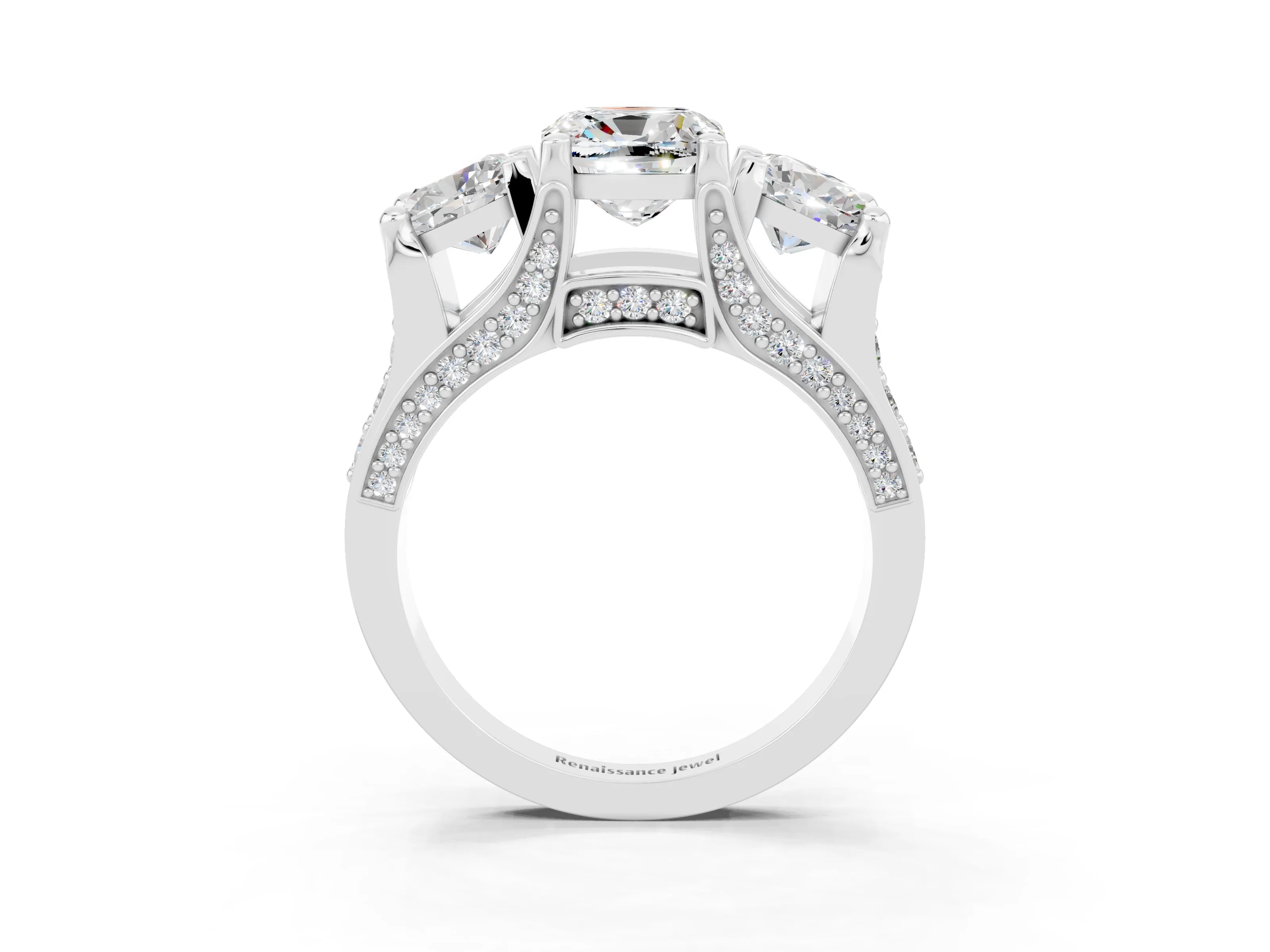 White gold Cushion Cut Moissanite Three-Stone Ring with Channel Set Band and Four-Prong Setting_3