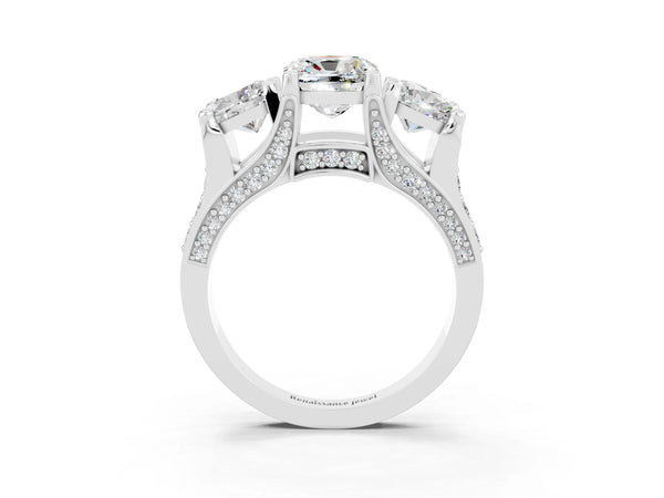 Silver Cushion Cut Moissanite Three-Stone Ring with Channel Set Band and Four-Prong Setting