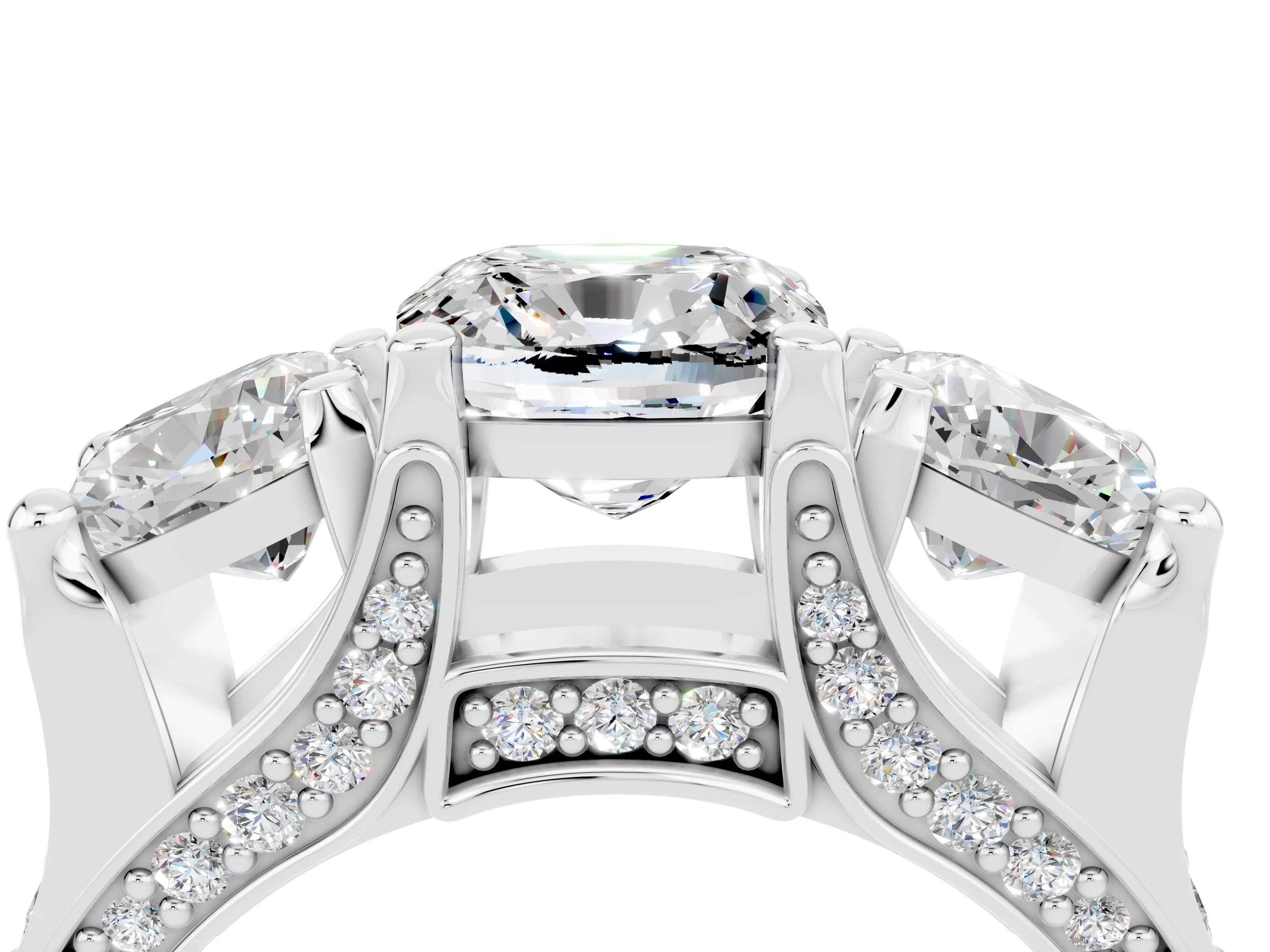 White gold Cushion Cut Moissanite Three-Stone Ring with Channel Set Band and Four-Prong Setting_4