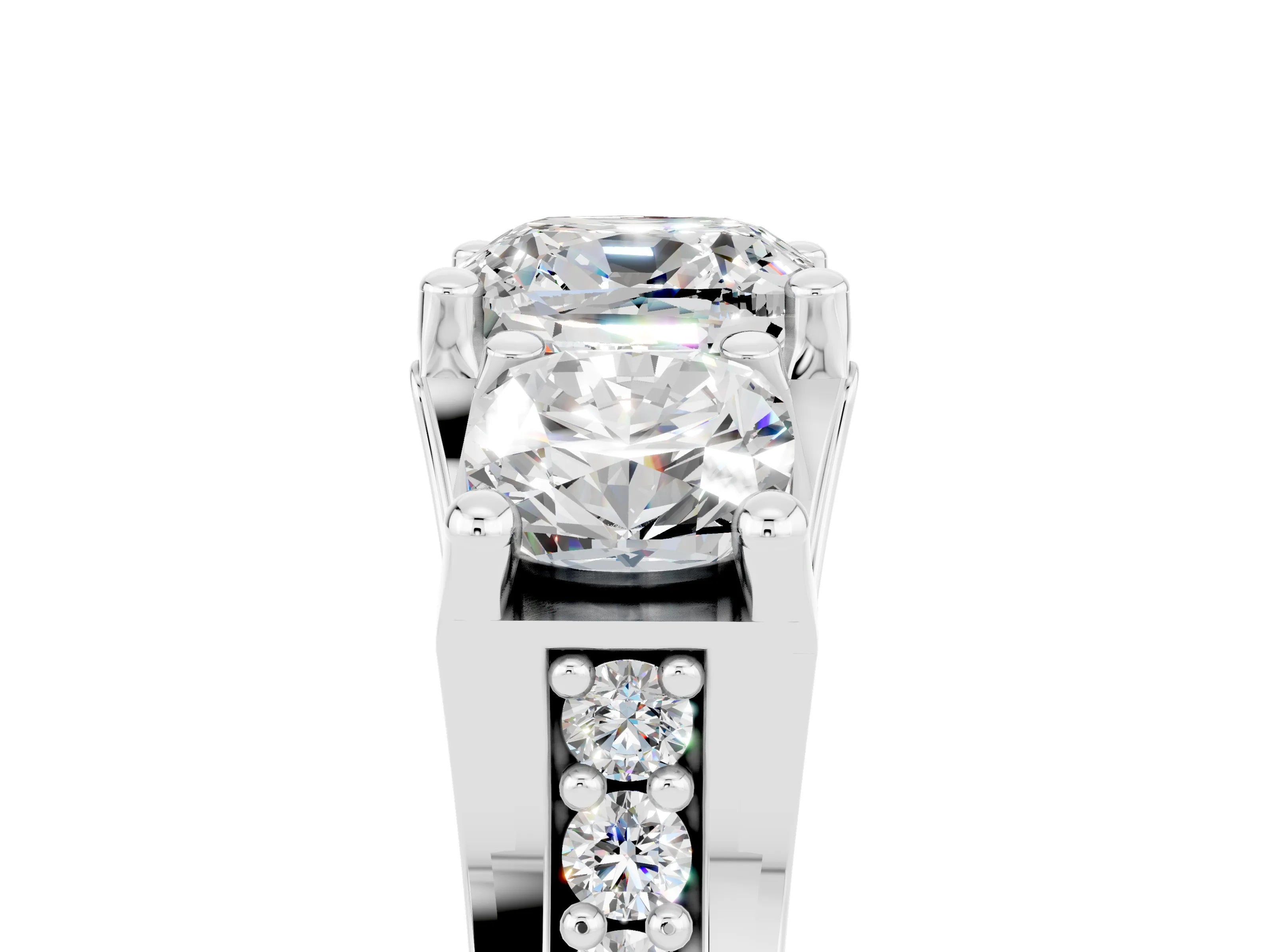 White gold Cushion Cut Moissanite Three-Stone Ring with Channel Set Band and Four-Prong Setting_5