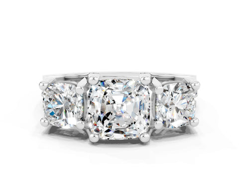White gold Cushion Cut Moissanite Three-Stone Ring with Channel Set Band and Four-Prong Setting