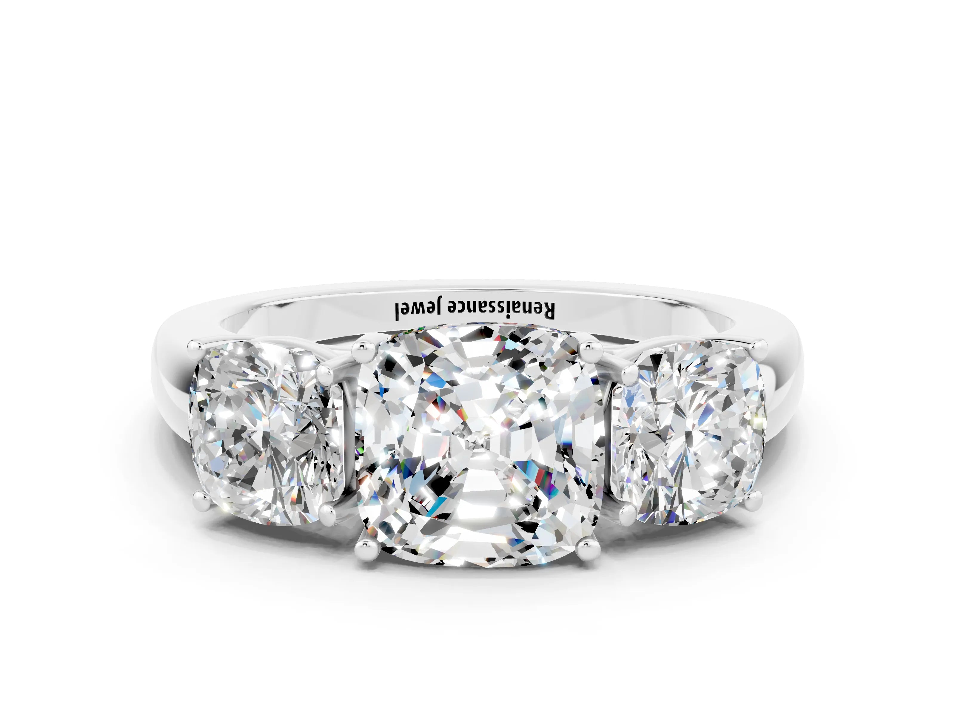 White gold Cushion Cut Moissanite Three-Stone Ring with Four-Prong Setting and Classic Band