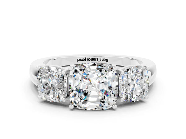 White gold Cushion Cut Moissanite Three-Stone Ring with Four-Prong Setting and Classic Band