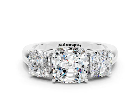 White gold Cushion Cut Moissanite Three-Stone Ring with Four-Prong Setting and Classic Band