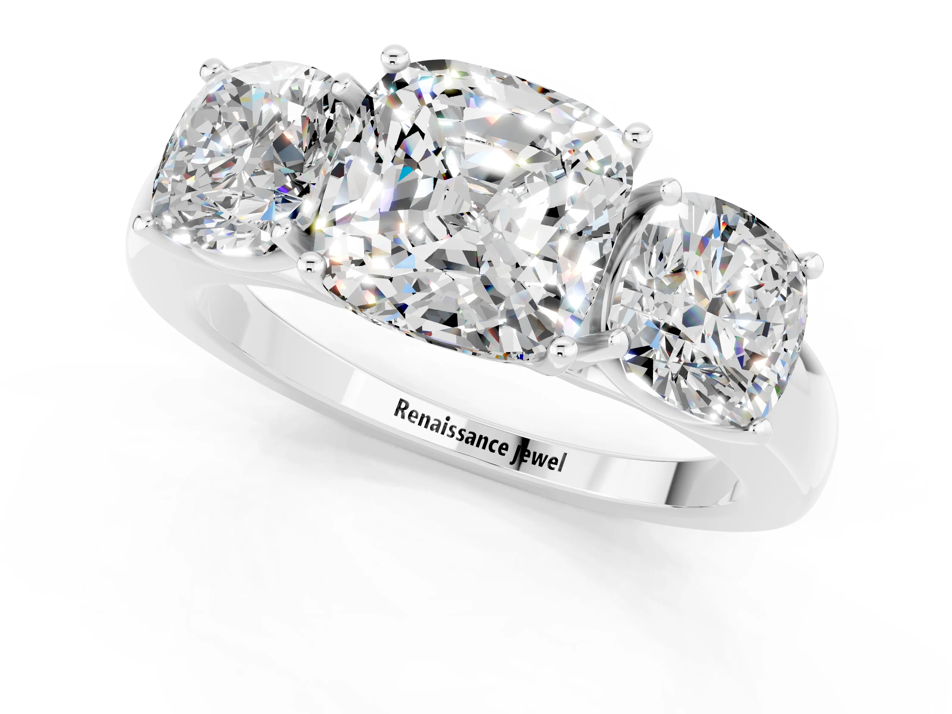 White gold Cushion Cut Moissanite Three-Stone Ring with Four-Prong Setting and Classic Band_1