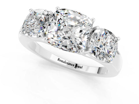 White gold Cushion Cut Moissanite Three-Stone Ring with Four-Prong Setting and Classic Band_1
