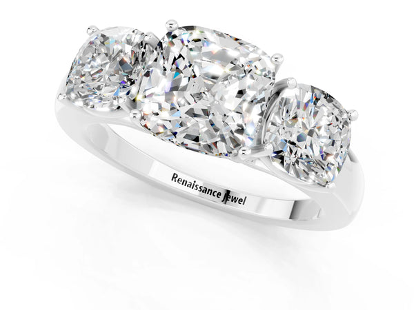 Silver Cushion Cut Moissanite Three-Stone Ring with Four-Prong Setting and Classic Band
