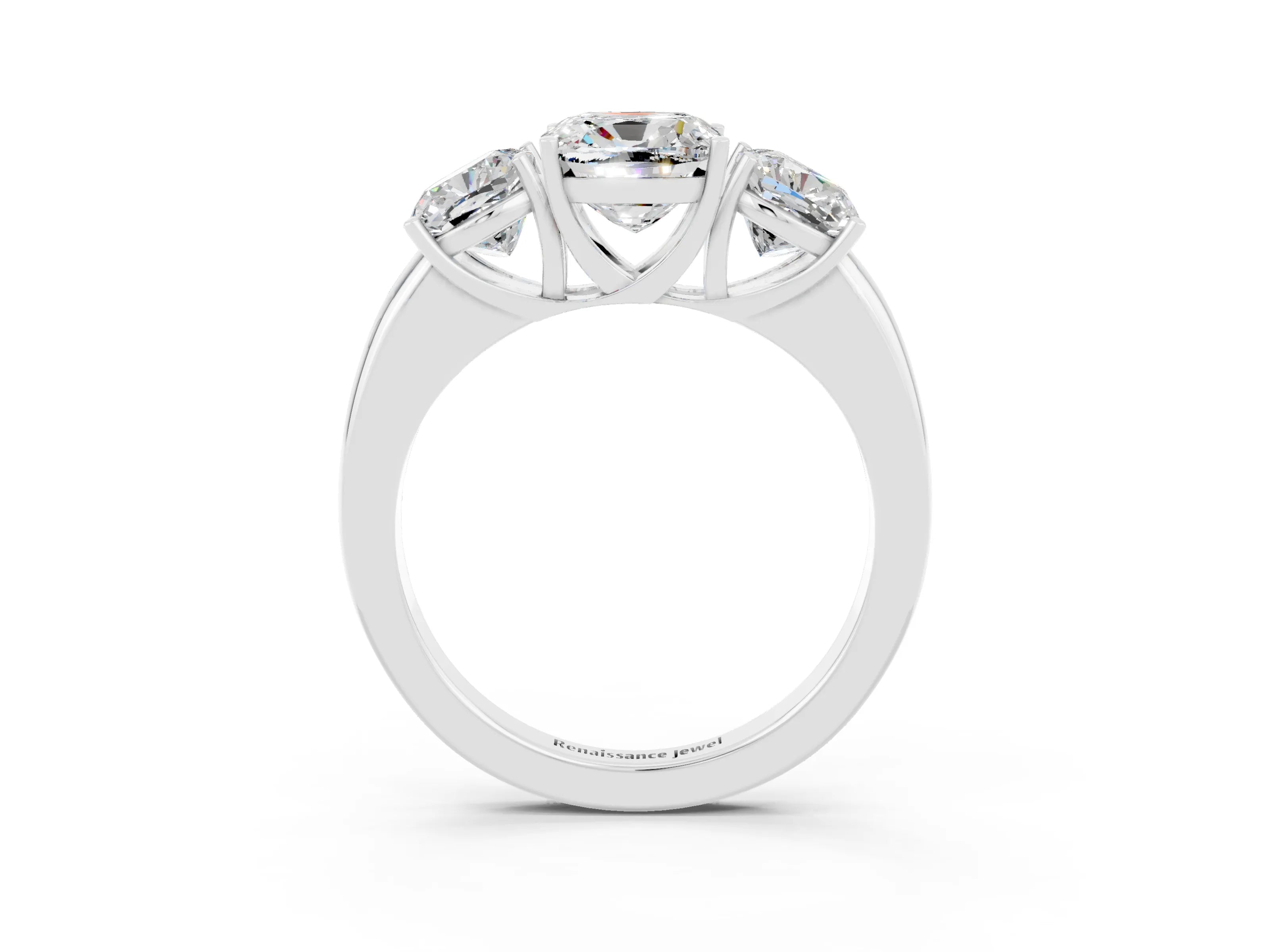 White gold Cushion Cut Moissanite Three-Stone Ring with Four-Prong Setting and Classic Band_3