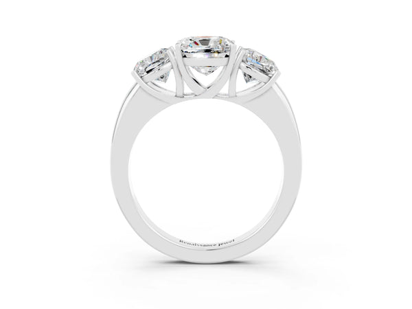 Platinum Cushion Cut Moissanite Three-Stone Ring with Four-Prong Setting and Classic Band