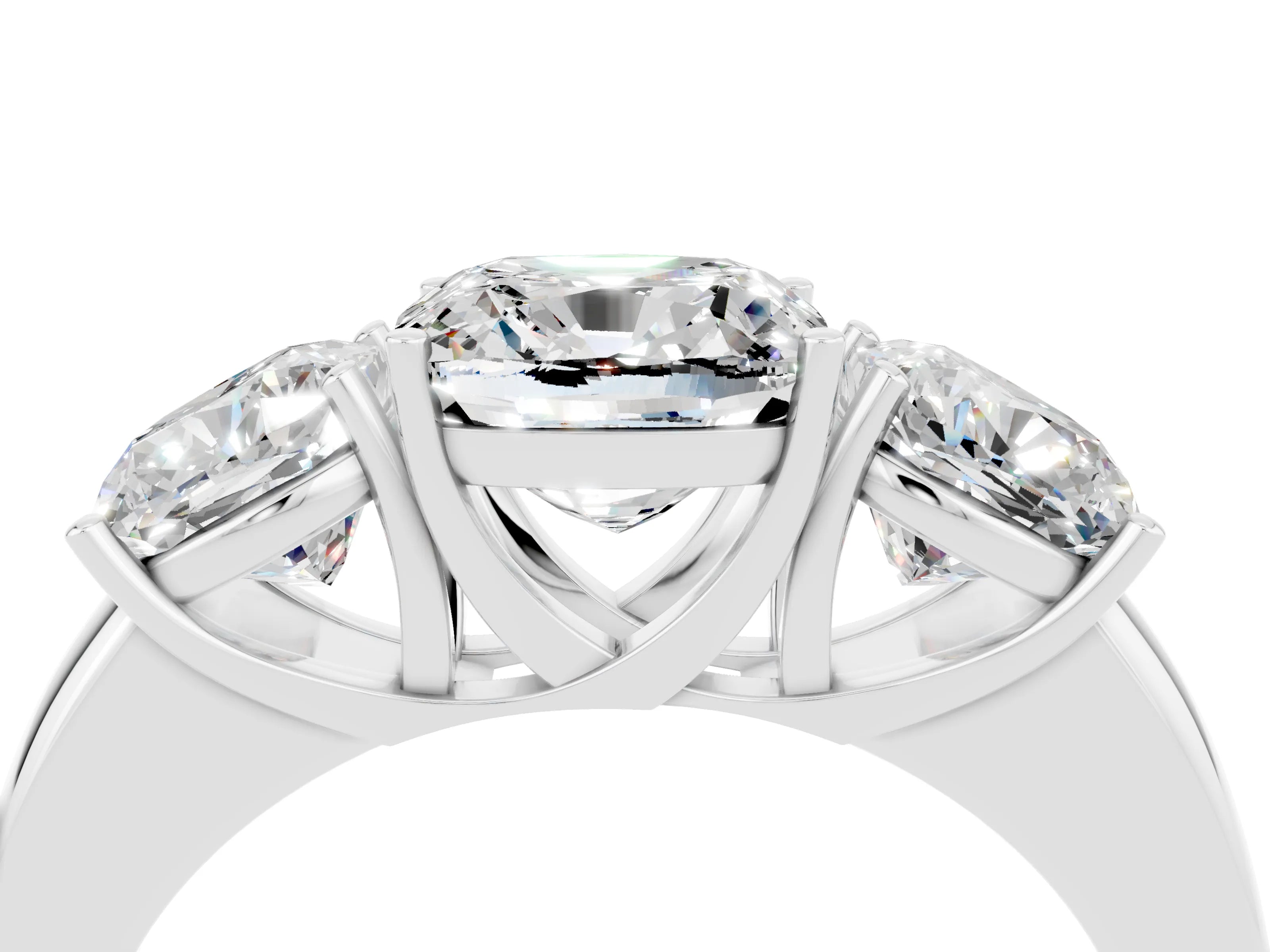White gold Cushion Cut Moissanite Three-Stone Ring with Four-Prong Setting and Classic Band_4