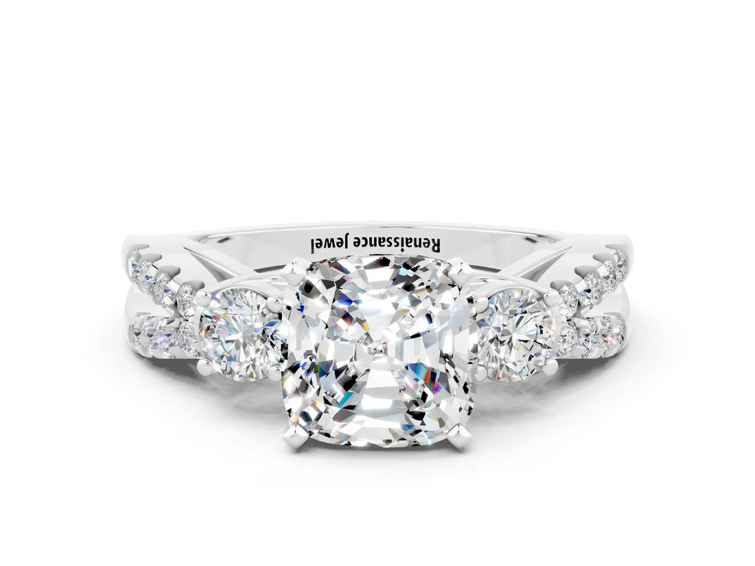 White gold Cushion Cut Moissanite Three-Stone Ring with Pavé Split Shank and Four-Prong Setting_12