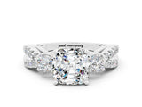 White gold Cushion Cut Moissanite Three-Stone Ring with Pavé Split Shank and Four-Prong Setting_12