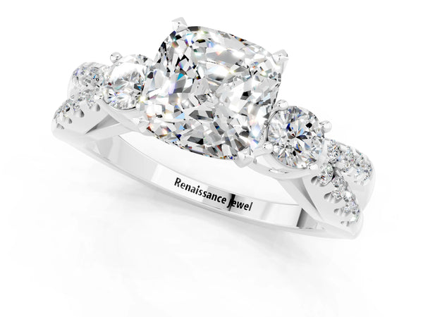 Platinum Cushion Cut Moissanite Three-Stone Ring with Pavé Split Shank and Four-Prong Setting