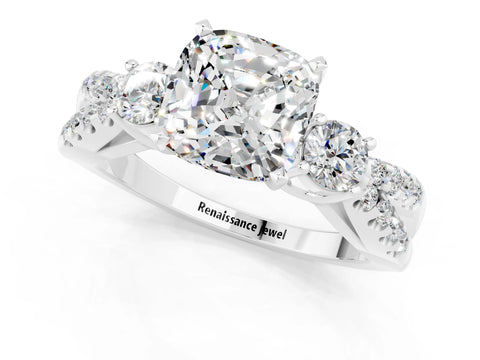 White gold Cushion Cut Moissanite Three-Stone Ring with Pavé Split Shank and Four-Prong Setting_13