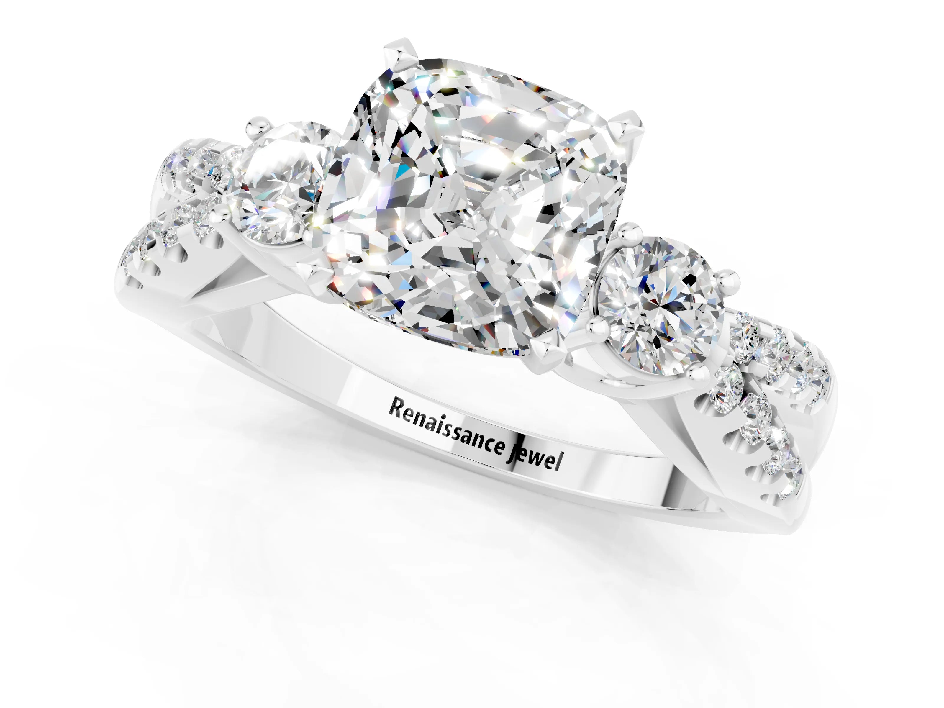 White gold Cushion Cut Moissanite Three-Stone Ring with Pavé Split Shank and Four-Prong Setting_13