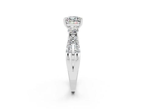 White gold Cushion Cut Moissanite Three-Stone Ring with Pavé Split Shank and Four-Prong Setting_14