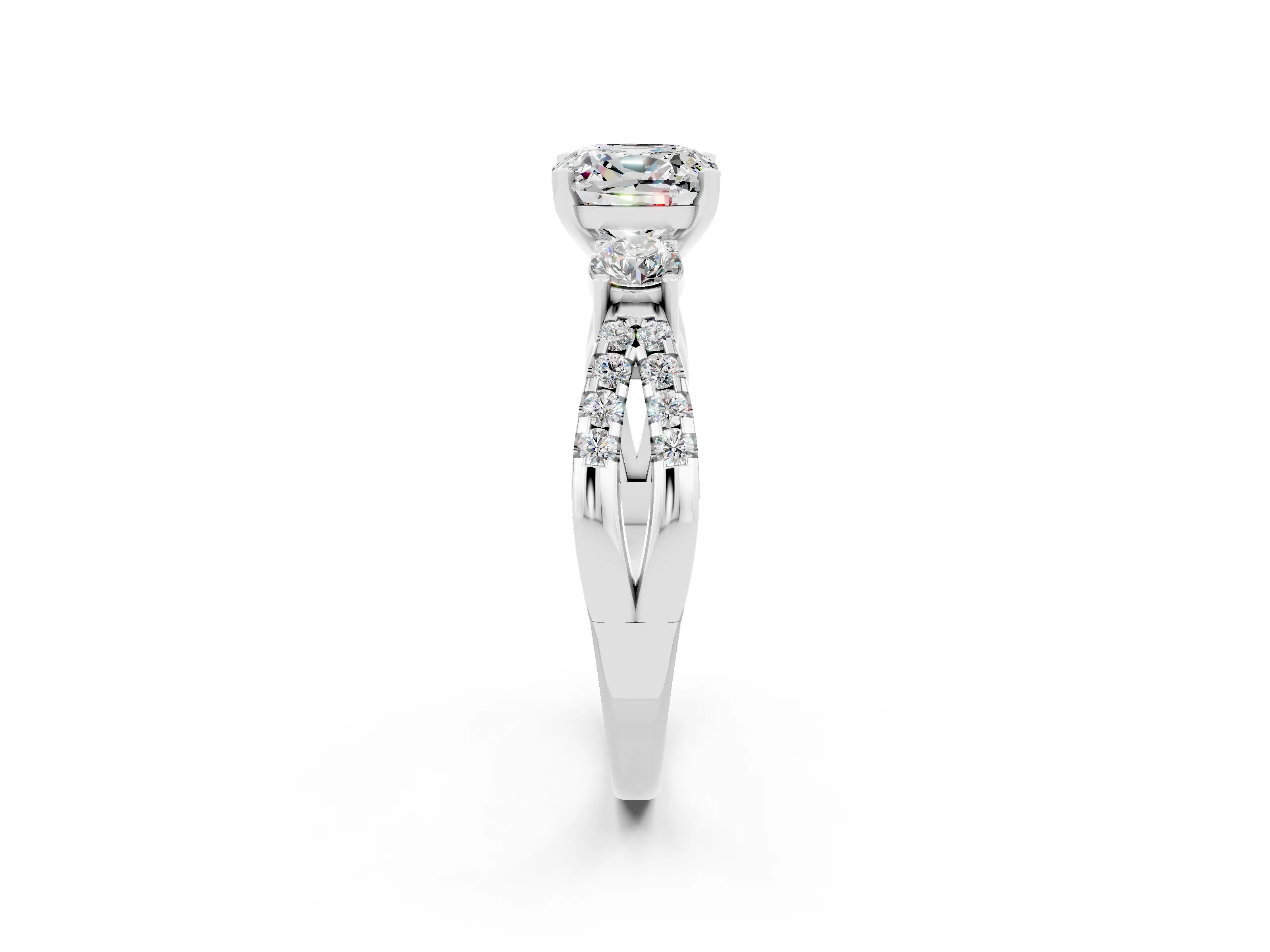 White gold Cushion Cut Moissanite Three-Stone Ring with Pavé Split Shank and Four-Prong Setting_14