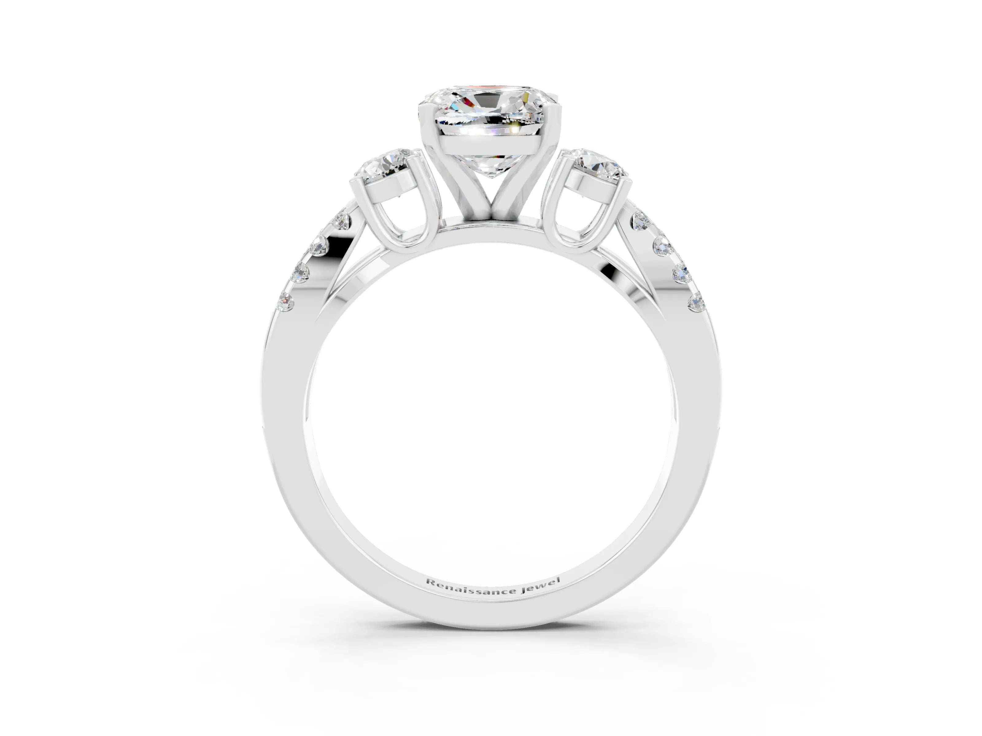 White gold Cushion Cut Moissanite Three-Stone Ring with Pavé Split Shank and Four-Prong Setting_15
