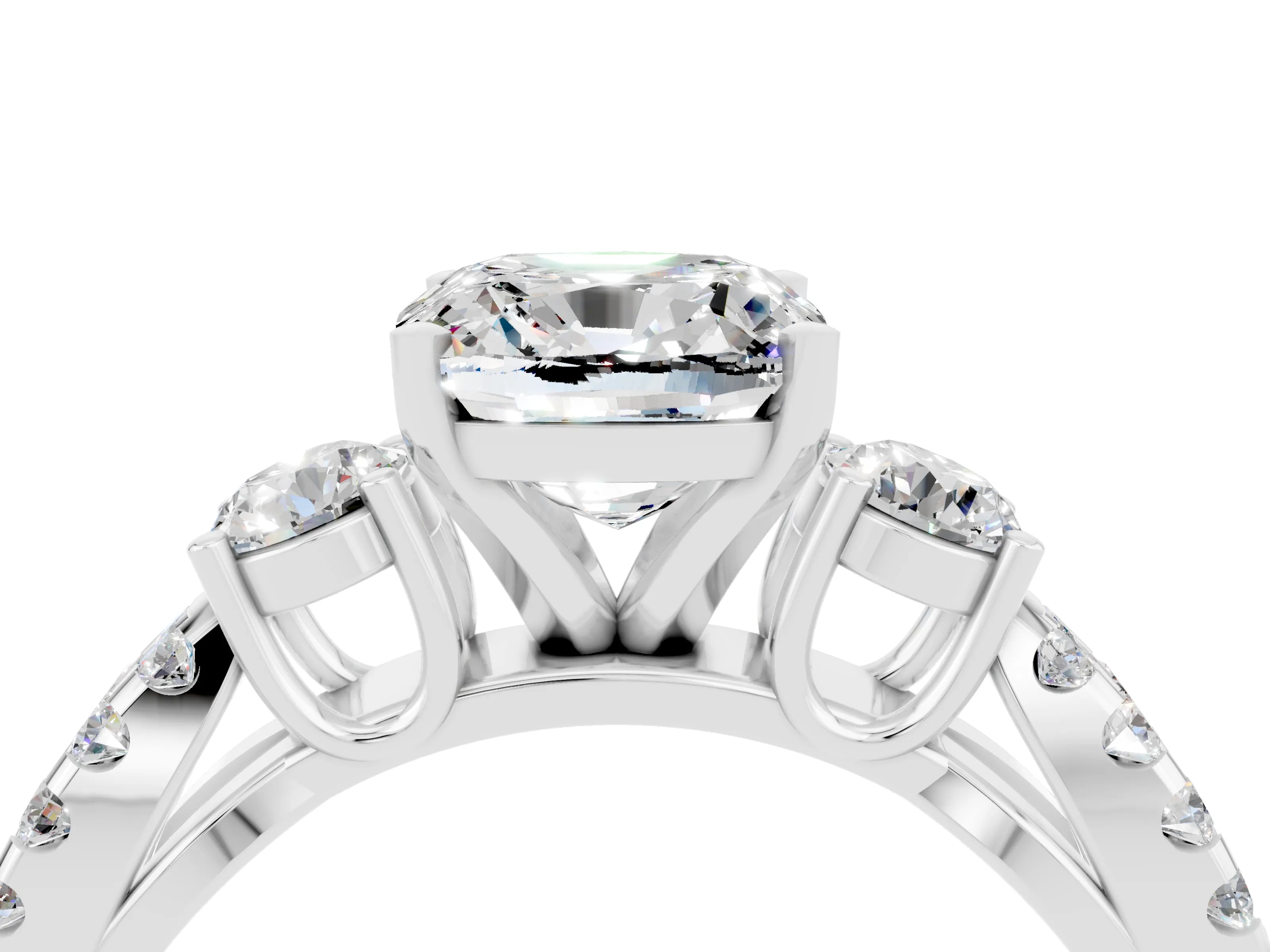 White gold Cushion Cut Moissanite Three-Stone Ring with Pavé Split Shank and Four-Prong Setting_16