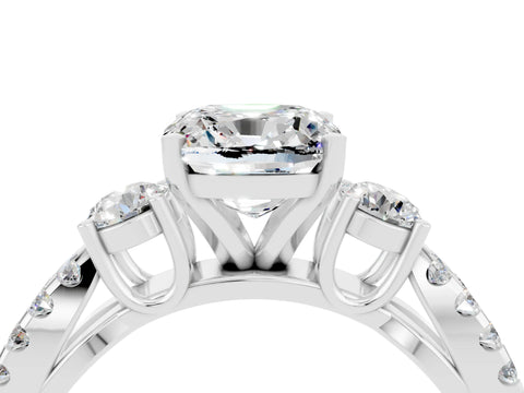 White gold Cushion Cut Moissanite Three-Stone Ring with Pavé Split Shank and Four-Prong Setting_16
