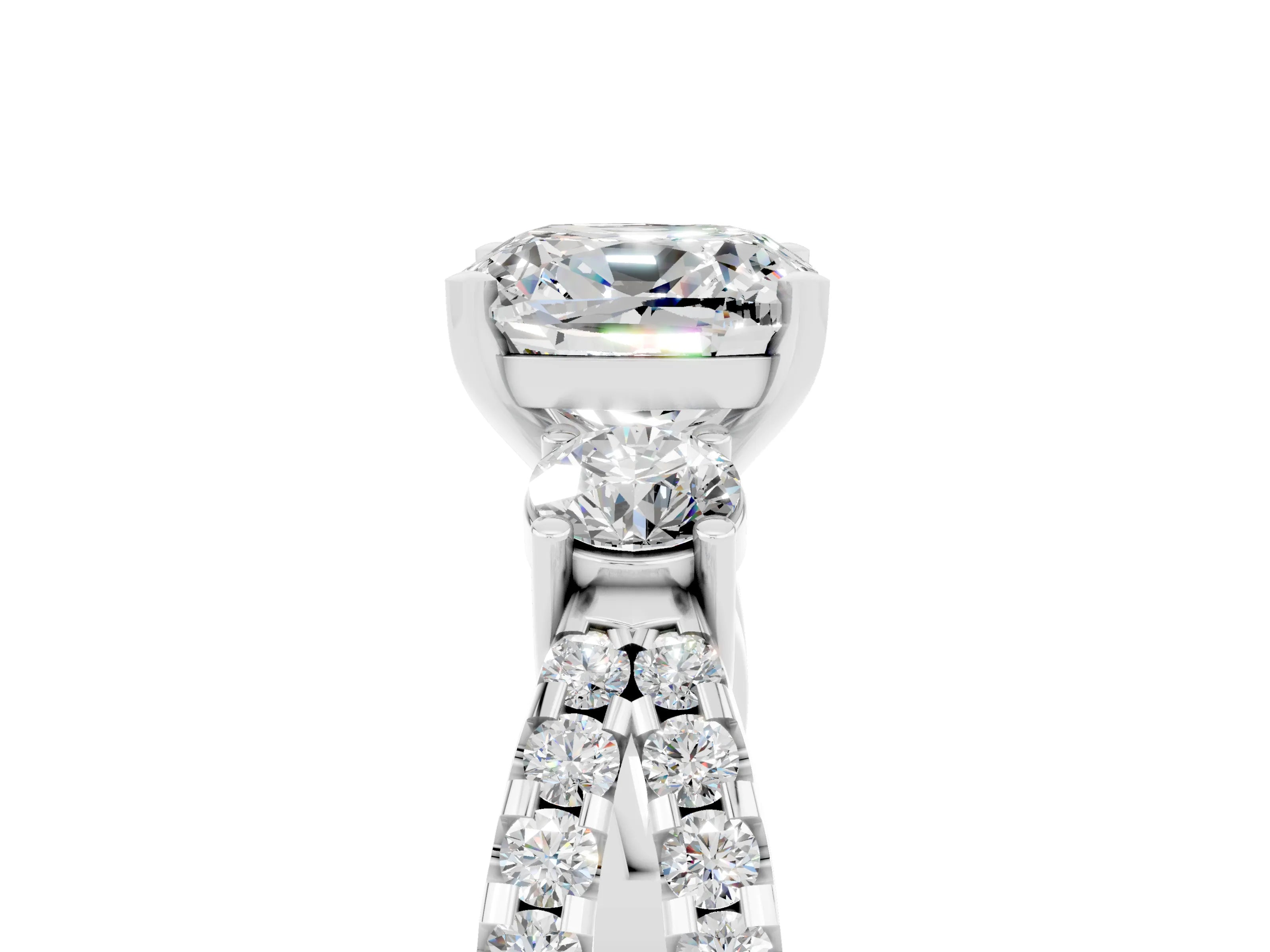 White gold Cushion Cut Moissanite Three-Stone Ring with Pavé Split Shank and Four-Prong Setting_17