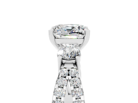 White gold Cushion Cut Moissanite Three-Stone Ring with Pavé Split Shank and Four-Prong Setting_17
