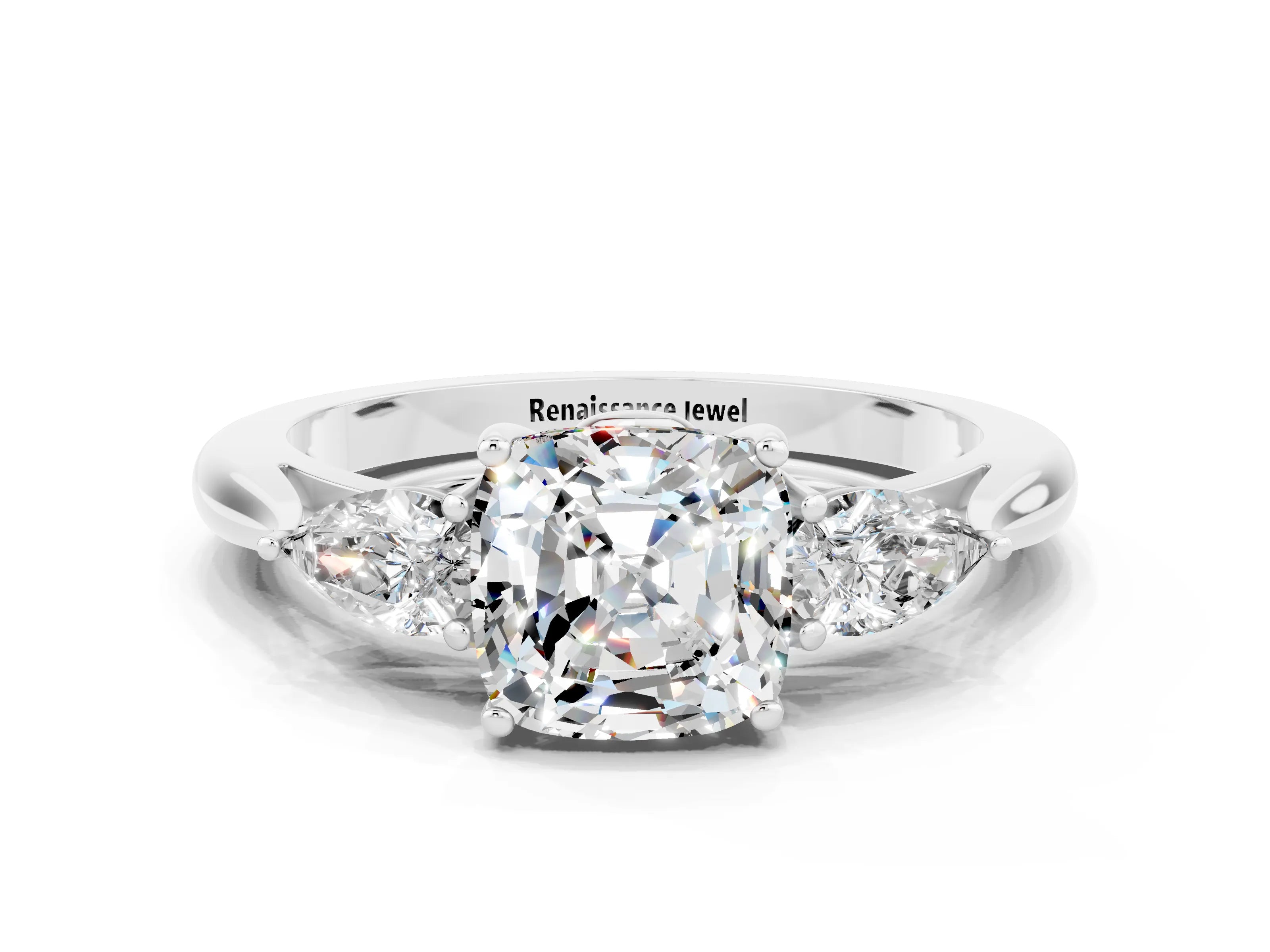 White gold Cushion Cut Moissanite Three-Stone Ring with Pear Side Stones and Four-Prong Setting_12