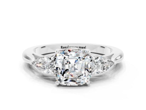 White gold Cushion Cut Moissanite Three-Stone Ring with Pear Side Stones and Four-Prong Setting_12