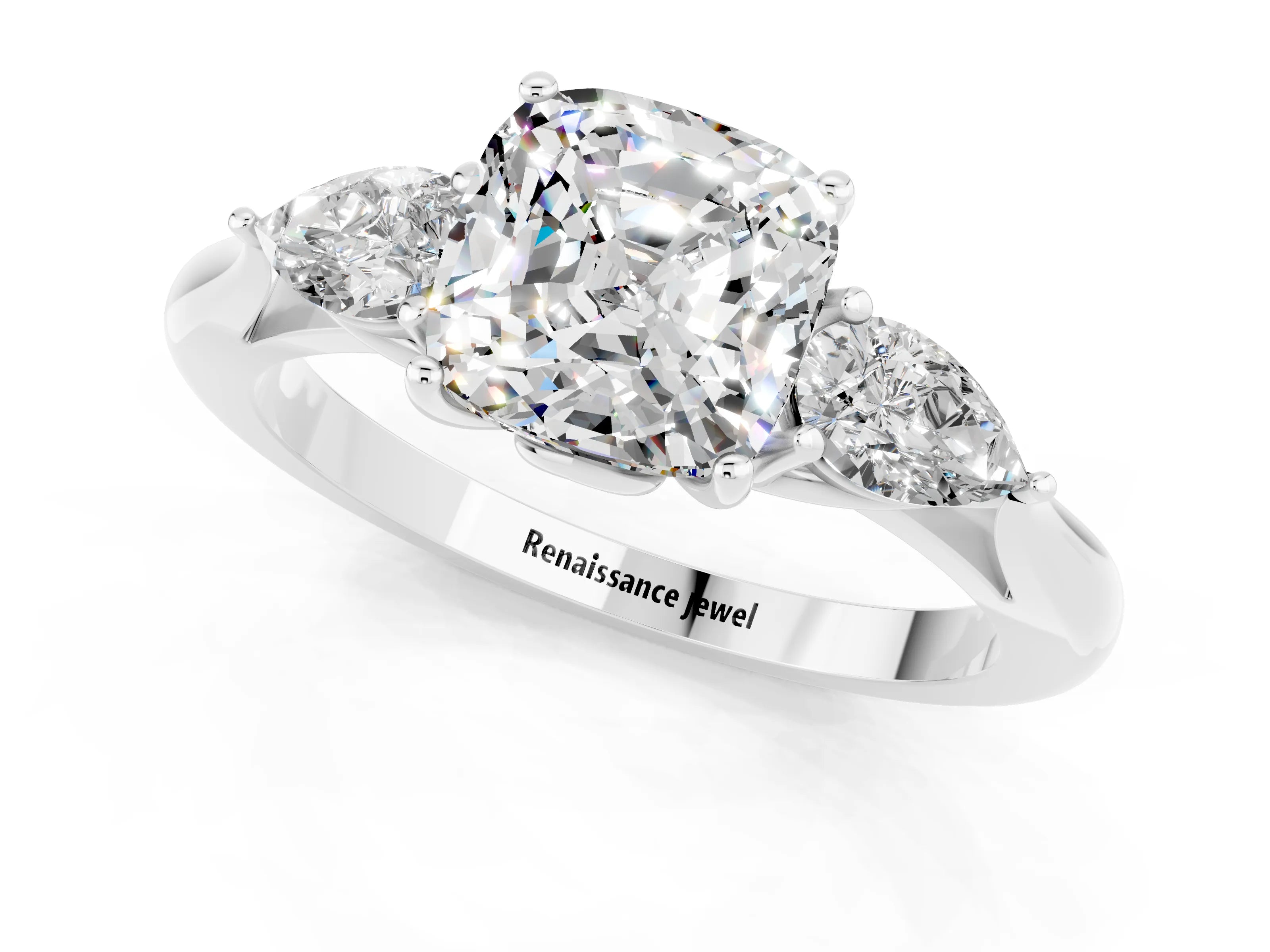 White gold Cushion Cut Moissanite Three-Stone Ring with Pear Side Stones and Four-Prong Setting_13