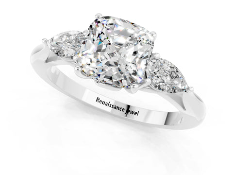 White gold Cushion Cut Moissanite Three-Stone Ring with Pear Side Stones and Four-Prong Setting_13
