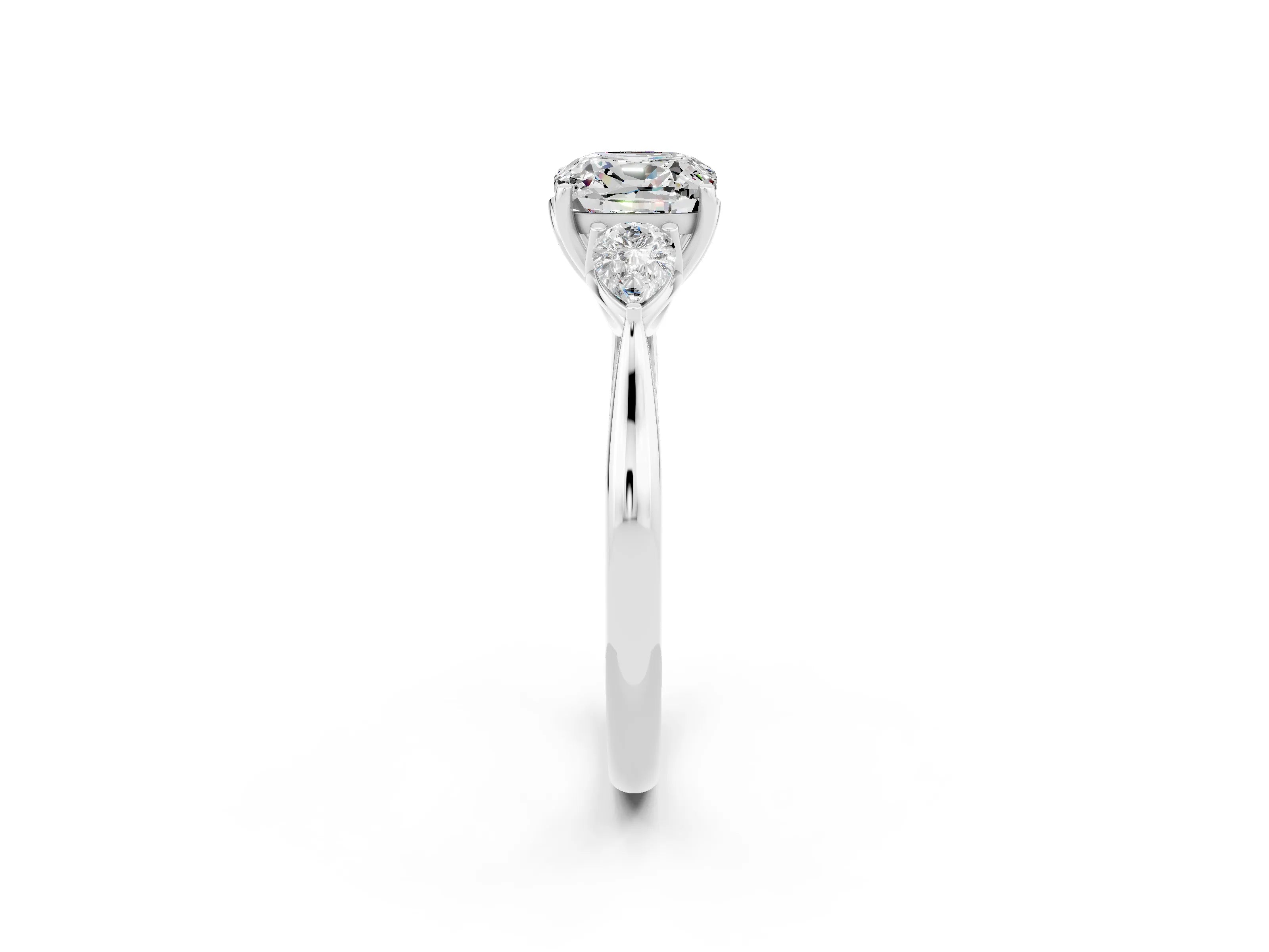 White gold Cushion Cut Moissanite Three-Stone Ring with Pear Side Stones and Four-Prong Setting_14