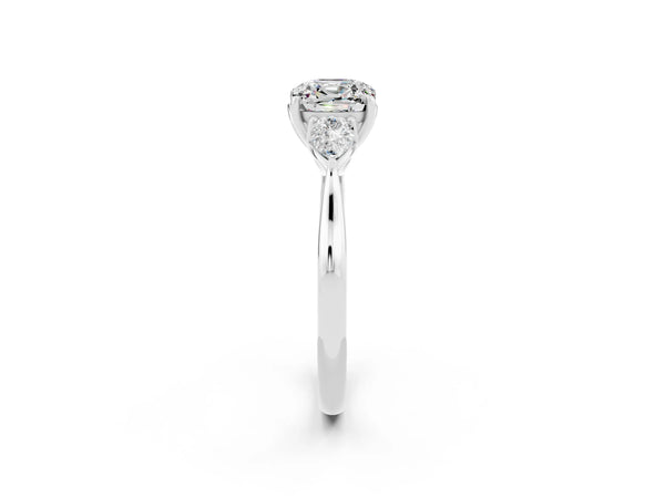 White gold Cushion Cut Moissanite Three-Stone Ring with Pear  Side Stones and Prong Setting