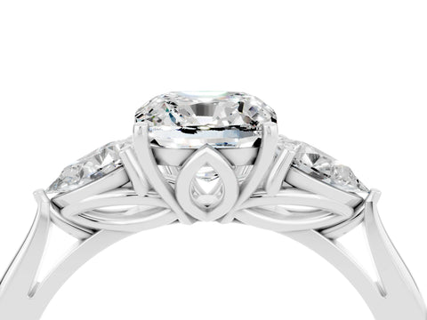 White gold Cushion Cut Moissanite Three-Stone Ring with Pear Side Stones and Four-Prong Setting_16