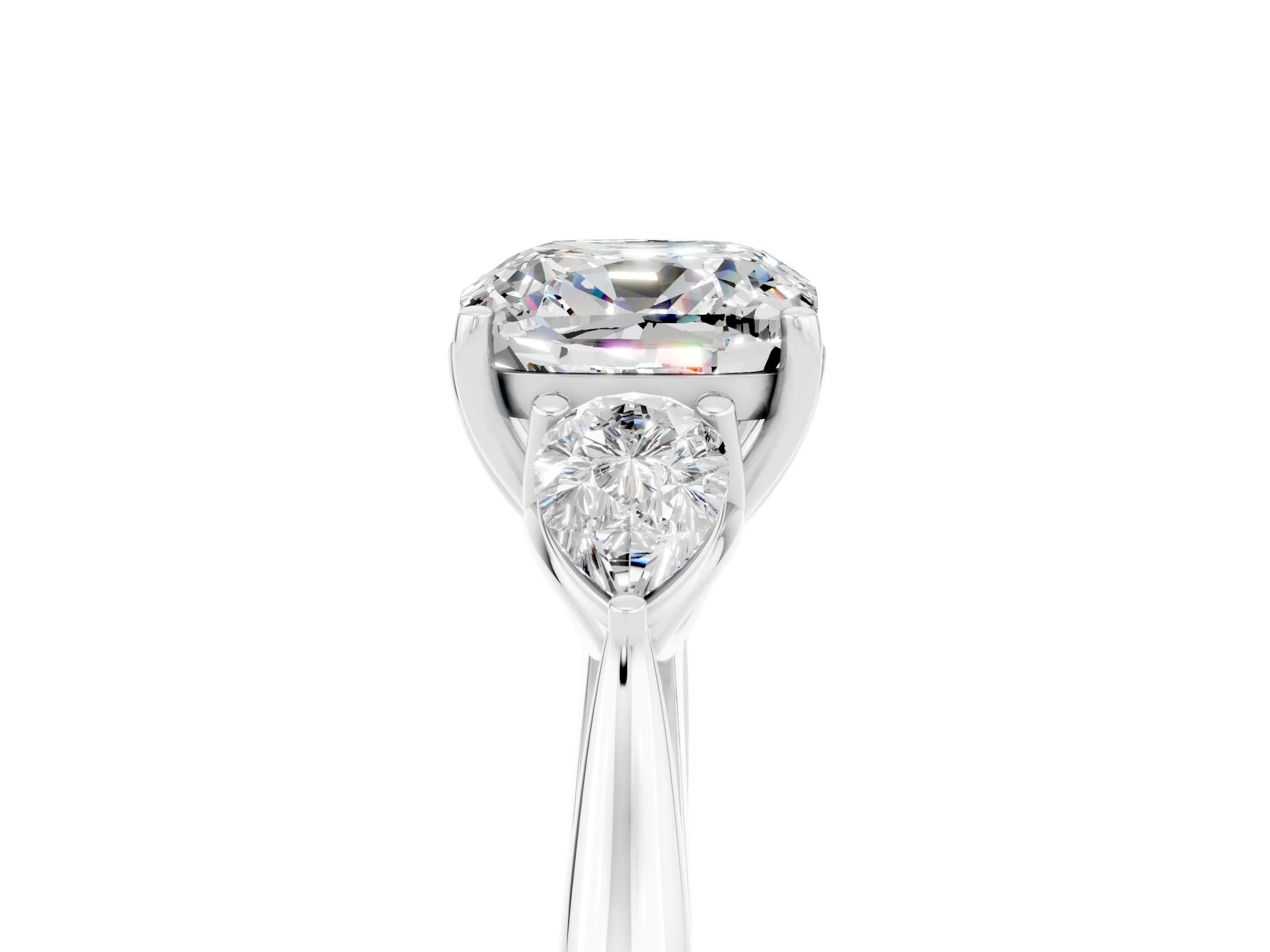 White gold Cushion Cut Moissanite Three-Stone Ring with Pear Side Stones and Four-Prong Setting_17