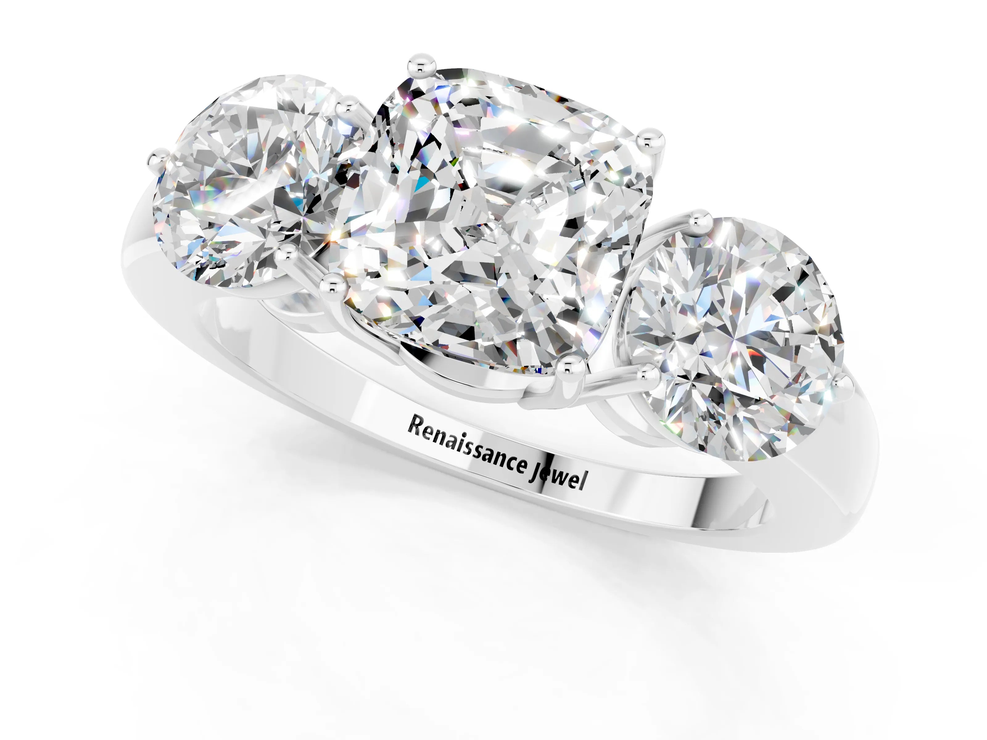 White gold Cushion Cut Moissanite Three-Stone Ring with Prong Setting and Classic Band_1