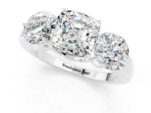 White gold Cushion Cut Moissanite Three-Stone Ring with Prong Setting and Classic Band