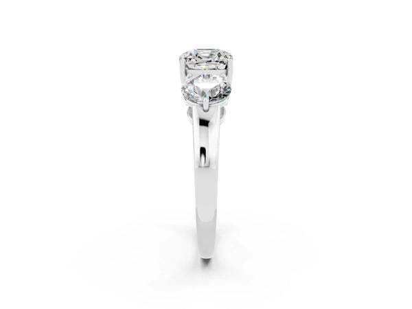 Silver Cushion Cut Moissanite Three-Stone Ring with Prong Setting and Classic Band