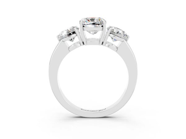 Silver Cushion Cut Moissanite Three-Stone Ring with Prong Setting and Classic Band