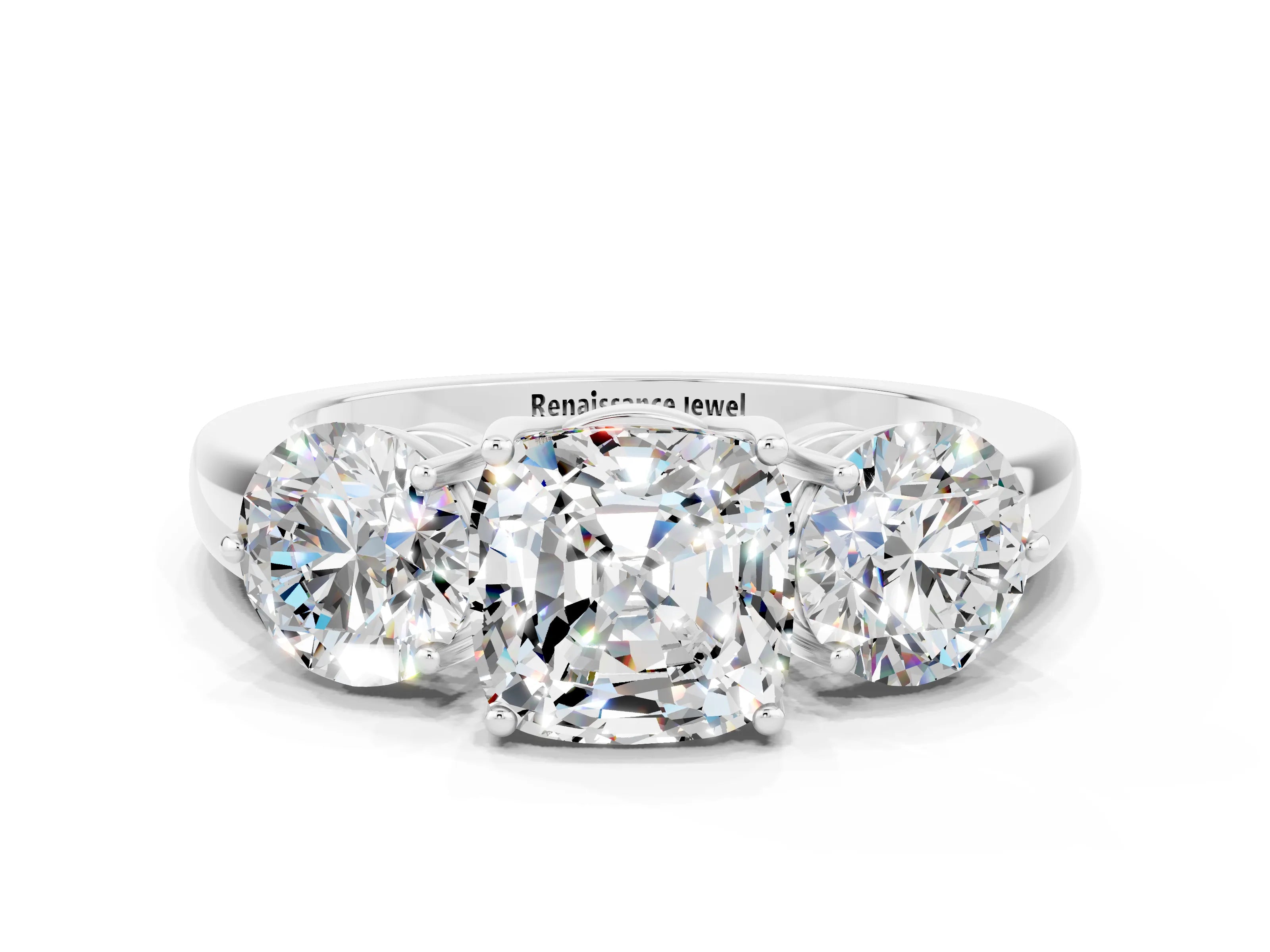 White gold Cushion Cut Moissanite Three-Stone Ring with Prong Setting and Classic Band