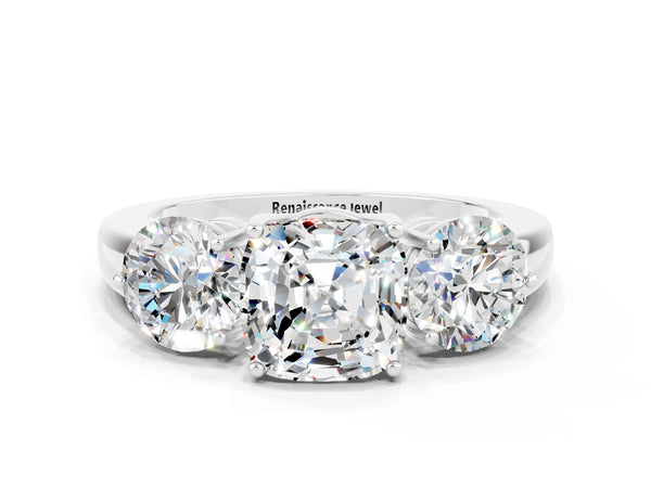 White gold Cushion Cut Moissanite Three-Stone Ring with Prong Setting and Classic Band