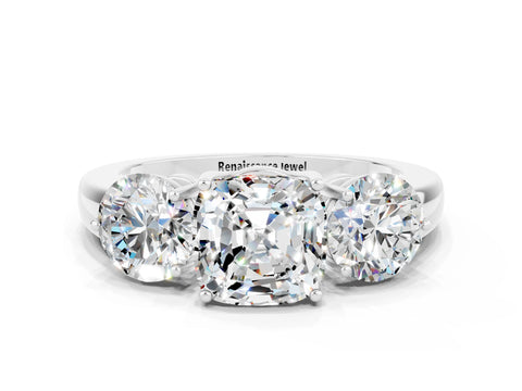 White gold Cushion Cut Moissanite Three-Stone Ring with Prong Setting and Classic Band